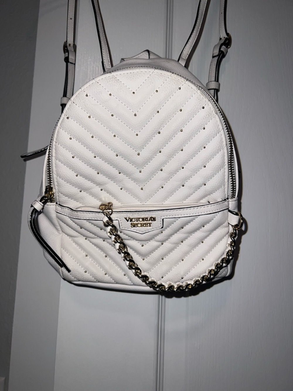 Victoria's Secret White Quilted Mini Backpack with Gold Chain